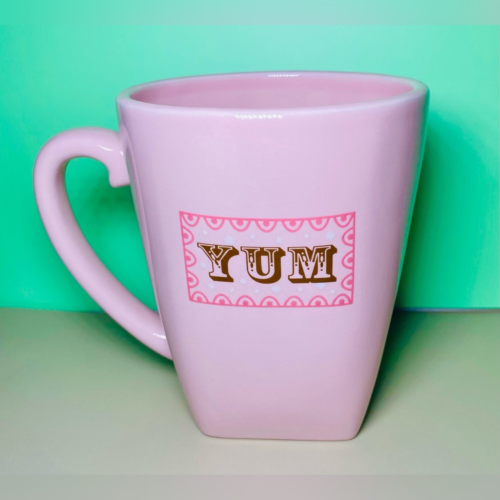 Bath and Body Works "YUM" Pink‎ Coffee Mug Cup 16oz Square Bottom Gift